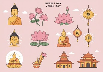 Celebrate Vesak Day with peaceful Buddha illustrations, lotus flowers, and glowing lanterns, perfect for promoting mindfulness and spiritual reflection
