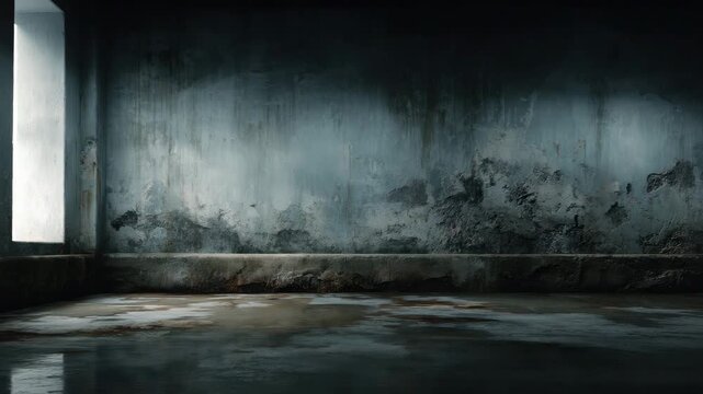 Abandoned room with cracked wall and wet floor illuminated by natural light from window creating moody eerie atmosphere in dark concrete space with textured surfaces and shadow decay