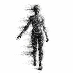 Vector art of a dark, abstract figure composed of swirling black ink or particles, appearing to disintegrate or form