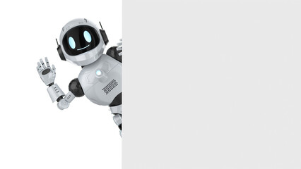 Cute and small artificial intelligence personal assistant robot hand up with white empty wall