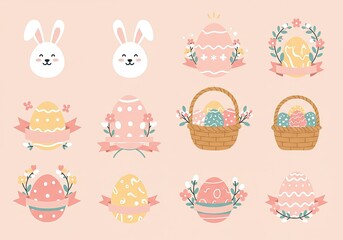 Charming Easter eggs and bunny faces create a pastel spring celebration, perfect for seasonal greetings, festive designs, and cheerful springtime promotions