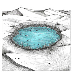 Vector art of oasis in the desert with sand dunes and a body of water, surrounded by dry grass and sparse vegetation