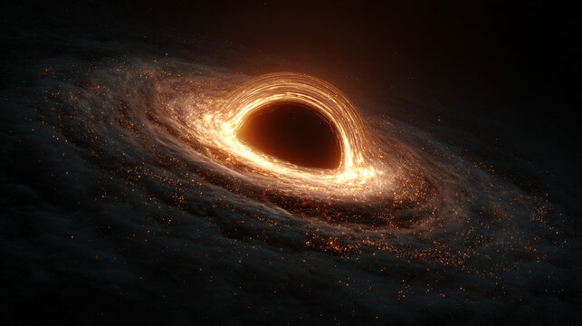 A soft glowing black hole swirls with subtle luminous edges, drawing in faint light around it. Hyperrealistic and ethereal, the scene evokes cosmic mystery, gravity, and the infinite depths of space. - Powered by Adobe
