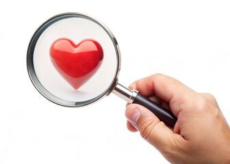
Hand holding a magnifying glass with a love sign simple on a white background