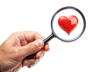
Hand holding a magnifying glass with a love sign simple on a white background