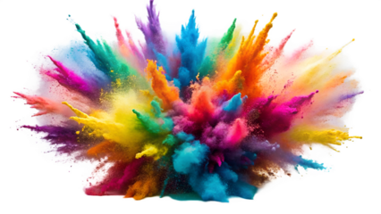 Explosion of vibrant holi powder colors in midair, isolated on transparent background