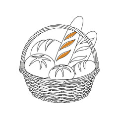 Vector art of a woven basket filled with various types of bread, including baguettes and round loaves, presented as a line art illustration with a touch of color on a