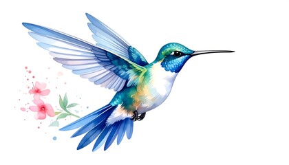 Fototapeta premium A detailed watercolor illustration of a hummingbird in mid-flight, alongside delicate pink blossoms