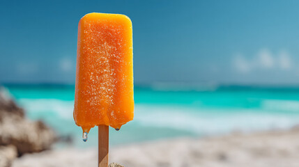 A melting orange popsicle on a stick at the beach with a turquoise ocean and blue sky in the background