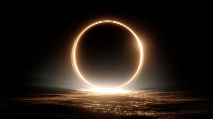 A soft glowing black hole swirls with subtle luminous edges, drawing in faint light around it. Hyperrealistic and ethereal, the scene evokes cosmic mystery, gravity, and the infinite depths of space.