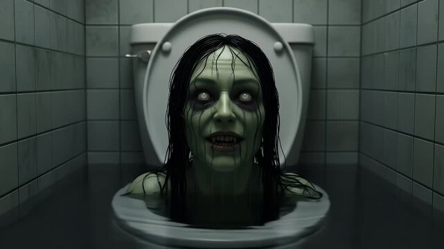 Horrifying zombie woman emerging from toilet
