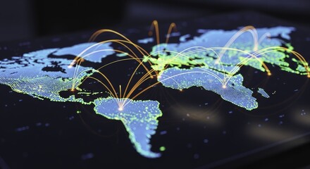 Global Digital Network with Interconnected Glowing Lines on a World Map, Illustrating Worldwide Communication and Data Exchange