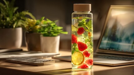 Fototapeta premium Infused Water Bottle with Fruits on a Desk with Laptop and Plants
