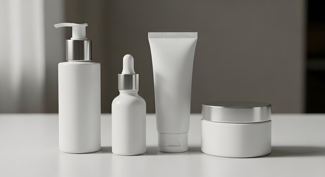 Four white cosmetic containers with silver accents are arranged on a white surface against a blurred background.