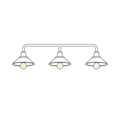 Vector art of a simple line drawing of a threelight vanity light fixture with conical shades and exposed bulbs