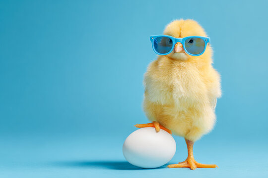 Adorable yellow chick wearing oversized blue sunglasses standing confidently with one foot resting on a white egg against a vibrant blue background