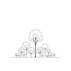 Vector art of a simple line drawing of a group of trees with varied shapes and sizes, isolated on a