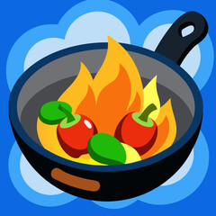 A pan of cooking peppers with fire and a blue background