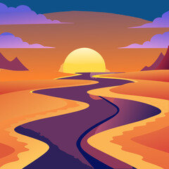 A river of light flowing through a desert at sunset