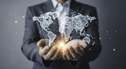 Businessman holding a glowing digital world map hologram, symbolizing global business, connectivity, and technological advancement.