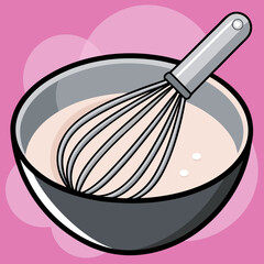 A whisk stirring batter inside of a bowl