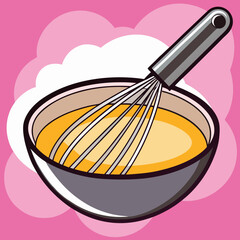 A whisk mixing batter in a bowl on a pink background