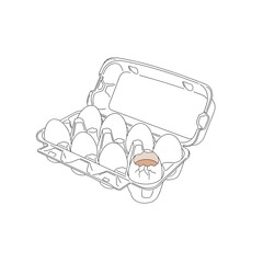 Vector art of a line art illustration of a carton of a dozen eggs, with one egg cracked open, isolated on a, ideal for representing breakfast, cooking, or grocery themes