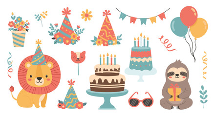 Cute animal birthday party collection with cake and decorations.
