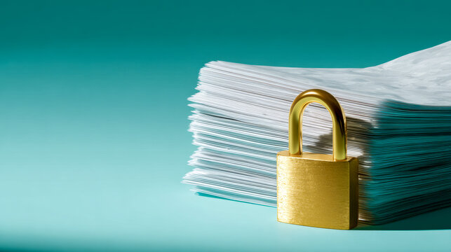 A large stack of white documents secured with a golden padlock symbolizing data protection and confidential information security on a teal background