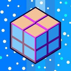 Geometric 3D cube with blue and purple design on blue backdrop