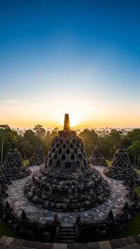 Borobudur Temple at Sunrise With Sunbeams, Java Indonesia
