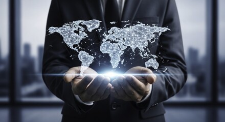 Businessman Holding Glowing Digital World Map Representing Global Business Network and Future Technology Connectivity
