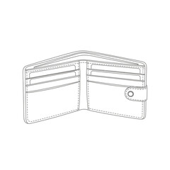 Vector art of an open bifold wallet with multiple card slots and a snap closure, rendered in a clean line art style