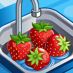 Strawberries being washed in a stainless steel kitchen sink