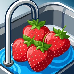 Strawberries Being Washed Under Running Water in the Kitchen Sink