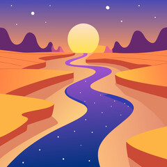 Stylized river of light flowing across a desert landscape