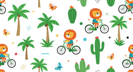 Cute cartoon lions riding bicycles among palm trees and cacti.