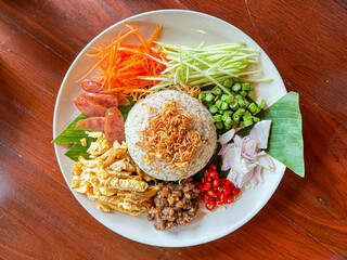 top view of Khao Kluk Kapi, a famous dish in Thailand.