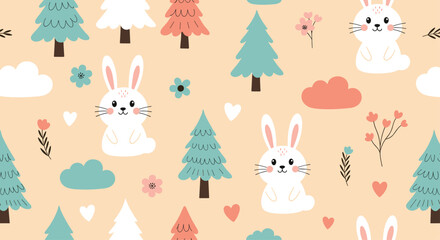Cute cartoon bunnies and trees seamless pattern.