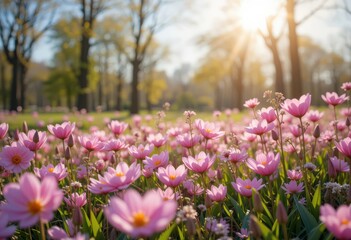 Close up Spring flowers in sunlight background wallpaper