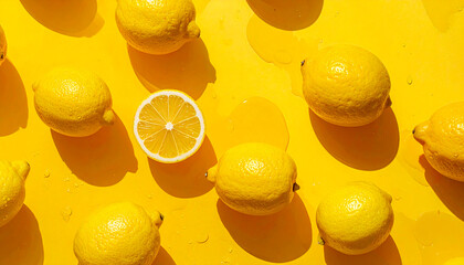 Fresh organic lemons arranged in a neat grid flat lay, a minimalist design for healthy food