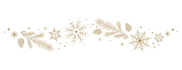 Golden Christmas border with pine branches and snowflakes festive decoration for winter holiday designs © Denys Koltovskyi