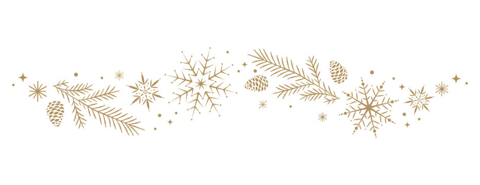 Golden Christmas border with pine branches and snowflakes festive decoration for winter holiday designs