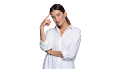 Smiling business woman showing thinking gesture with hand near temple, isolated on transparent background