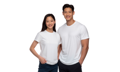 Happy smiling young Asian couple in basic white t-shirts posing together, isolated on transparent background