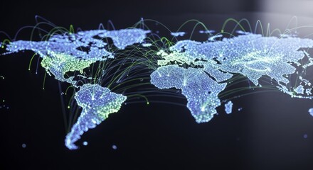 Global Digital Network Connectivity Map with Glowing Light Trails and Data Points Illustrating Worldwide Communication and Technology Infrastructure