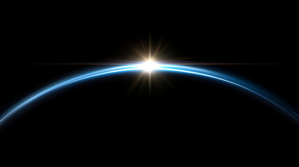 A thin glowing arc forms a luminous half-circle suspended in dark space. Hyperrealistic lighting highlights its elegance and minimalistic geometry, evoking balance, serenity, and futuristic abstractio