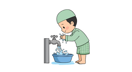 Cute chibi Muslim boy doing wudhu