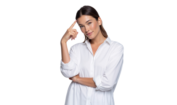 Smiling business woman showing thinking gesture with hand near temple, isolated on transparent background
