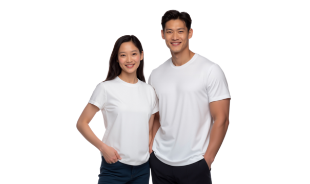 Happy smiling young Asian couple in basic white t-shirts posing together, isolated on transparent background